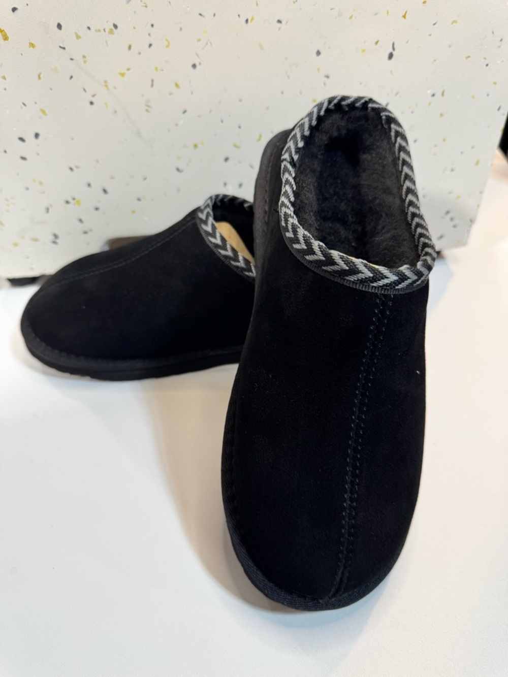 BearPaw Men's Black Suede Slip-On Slippers with Chevron Trim